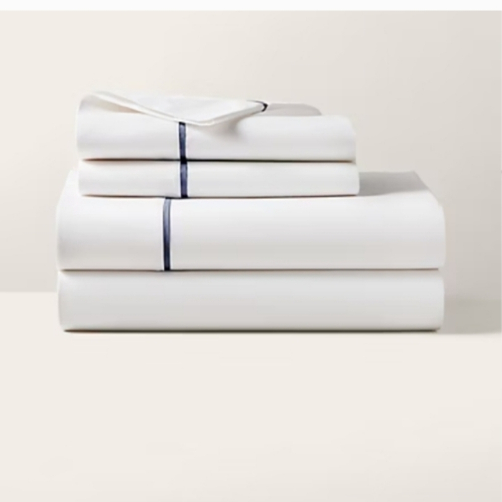 Ralph Lauren Palmer Percale White Organic Cotton Queen Flat Sheet Blue Trim New